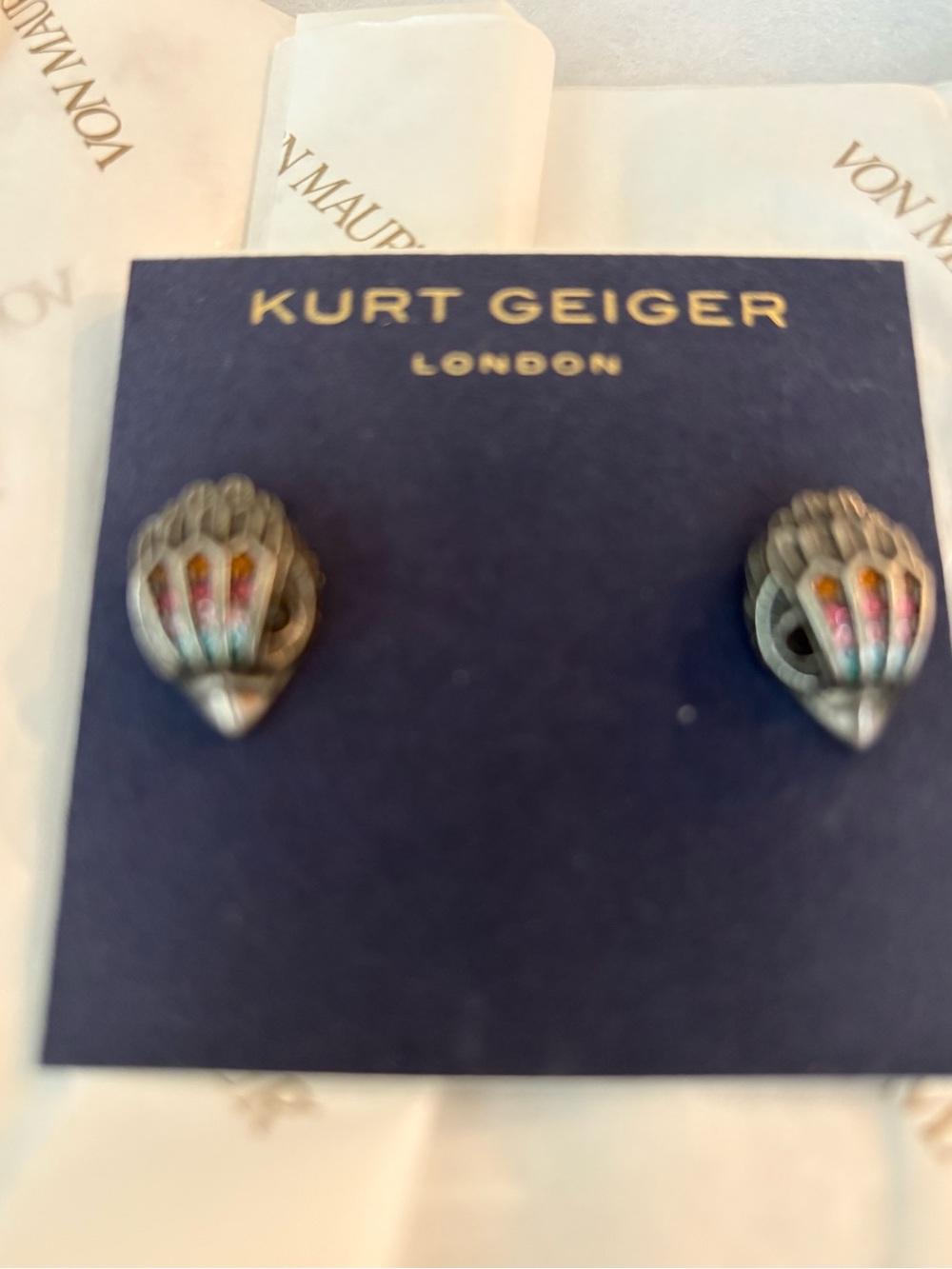 Kurt Geiger Antique Silver Shell Stud Earrings with Pink & Teal Accents